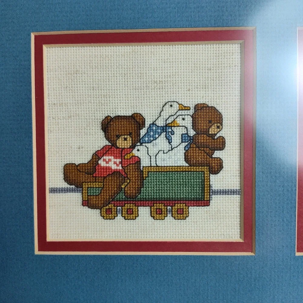 Vintage Framed Cross Stitch Nursery Art Geese Duck Teddy Bear Train Dale Burdett